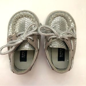 Sperry Topsider Faux Silver Sequin Lace Up Bahama Crib Jr Boat Shoes Baby US 1 M